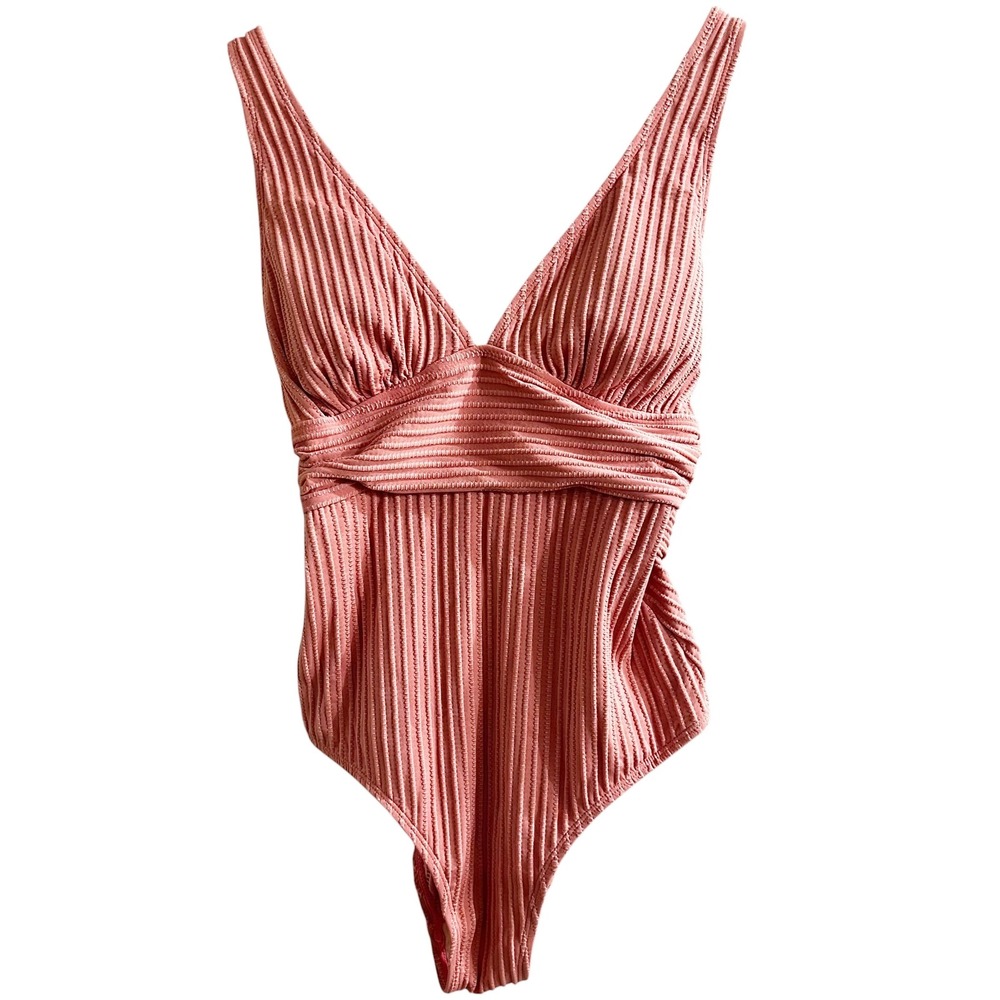 Cupshe Womens Ribbed V Neck One Piece Swimsuit Dusty Rose Pink Twisted Back S